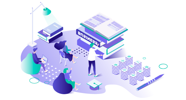Illustration of four people working around large books labeled "BUSINESS," with stacks of papers, a pen, and a lamp, suggesting a collaborative work or study environment.