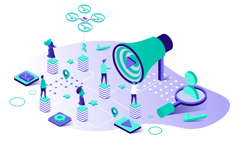 Illustration of people standing on stacks of blocks, interacting with icons such as stars, pins, and paper planes, with a large megaphone and magnifying glass in the scene.