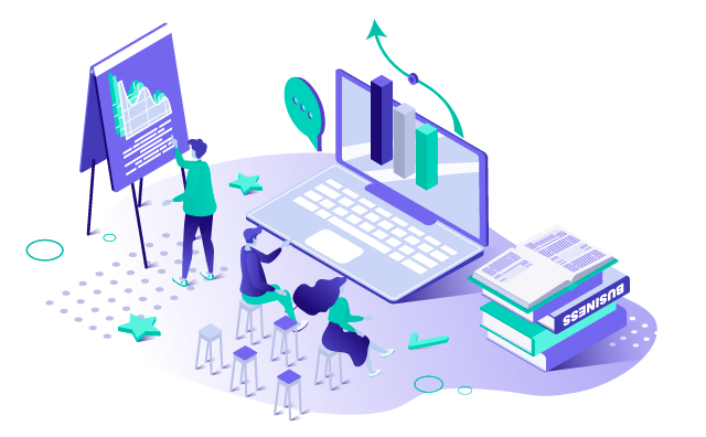Illustration of a person presenting charts to a group of people near a large laptop and business books, symbolizing a business or educational presentation.
