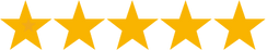Five solid yellow stars in a horizontal row on a light background, symbolizing a five-star rating or review.