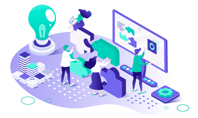 Illustration of four people assembling puzzle pieces and interacting with digital elements on a large screen, symbolizing teamwork and problem-solving in a tech environment.