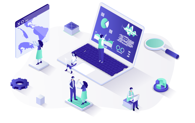 Illustration of people analyzing charts, graphs, and maps around a large open laptop, symbolizing data analysis and teamwork.