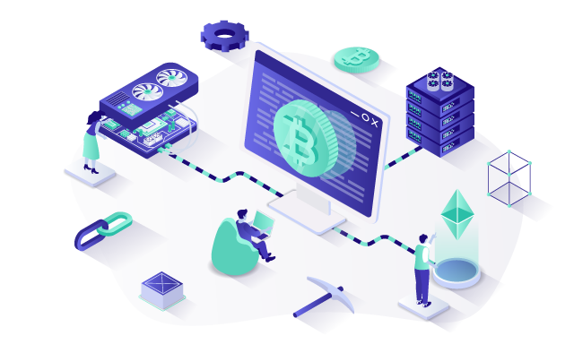 Illustration of people working with computers and hardware related to cryptocurrency mining, including Bitcoin and Ethereum symbols, GPU, blockchain elements, and a pickaxe.