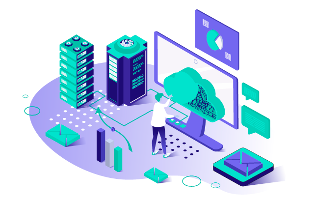 Illustration of a person interacting with a large screen displaying a cloud, surrounded by servers, charts, and digital data elements.