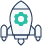Simple line drawing of a rocket ship with a green gear symbol on its main body, depicted on a light background.