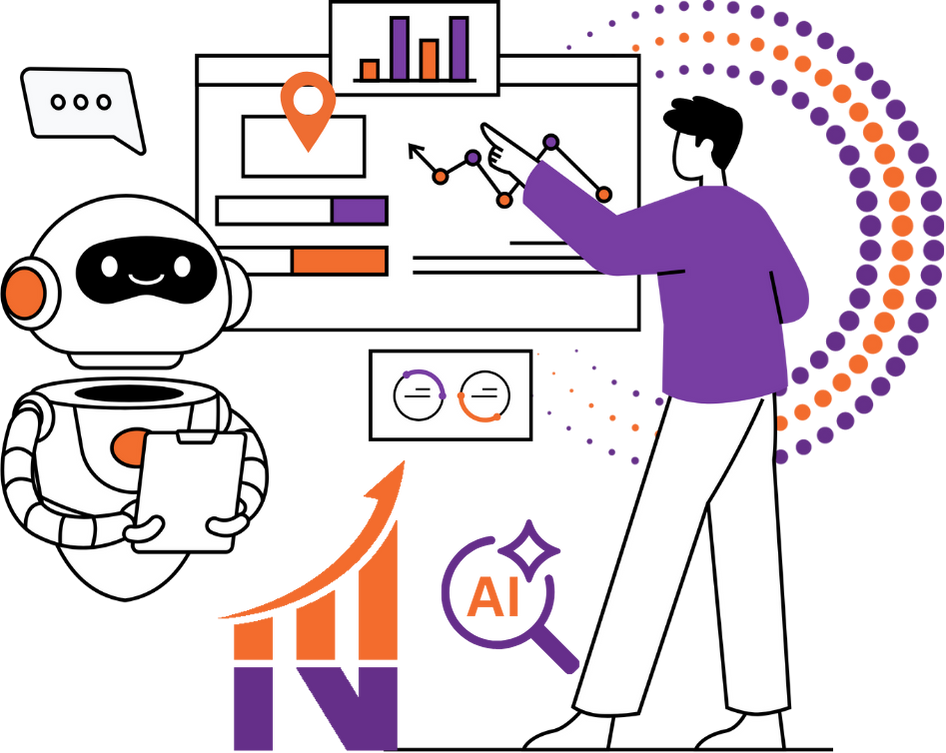 A person points at data charts on a screen next to a smiling robot holding a clipboard, with AI and growth icons in the background.