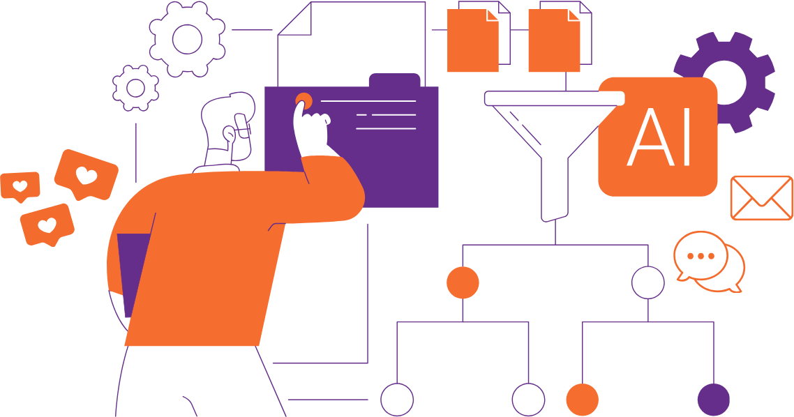 Illustration of a person interacting with digital folders, documents, and AI icons, representing data organization and artificial intelligence processes.