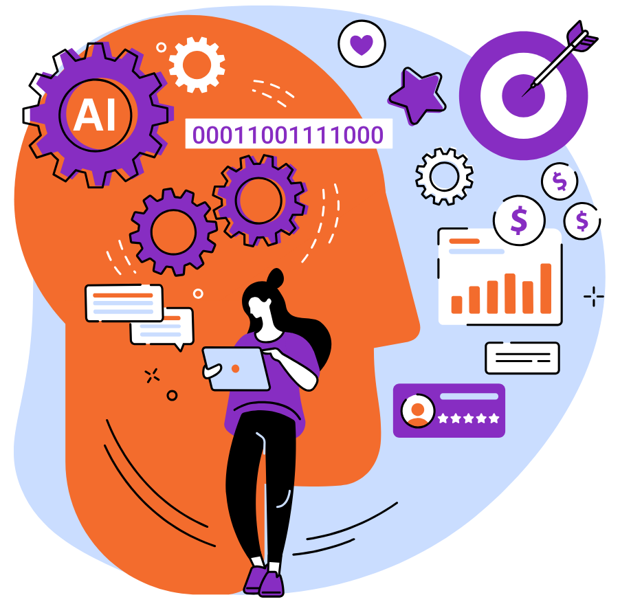 Illustration of a person using a laptop surrounded by AI, data, gears, graphs, and digital icons, representing artificial intelligence, data analysis concepts, and dynamic content widget technology.