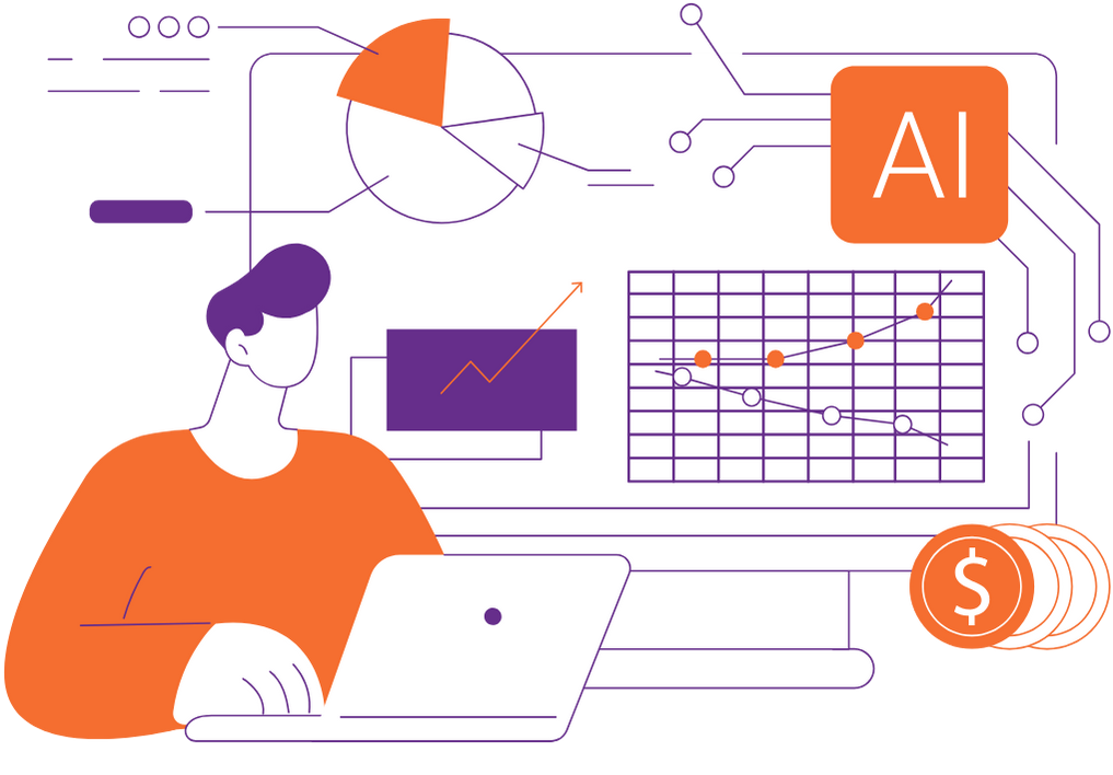 Illustration of a person using a laptop, surrounded by charts, graphs, AI symbol, and coins, representing data analysis and artificial intelligence in finance.