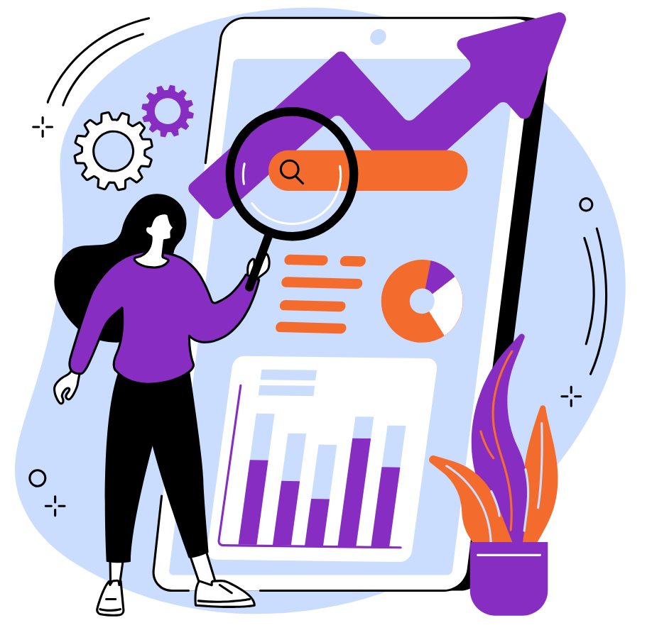 Illustration of a woman analyzing data on a large smartphone screen with graphs, charts, and an upward arrow, featuring a dynamic content widget. Gears and a potted plant are placed nearby, highlighting innovation and growth.