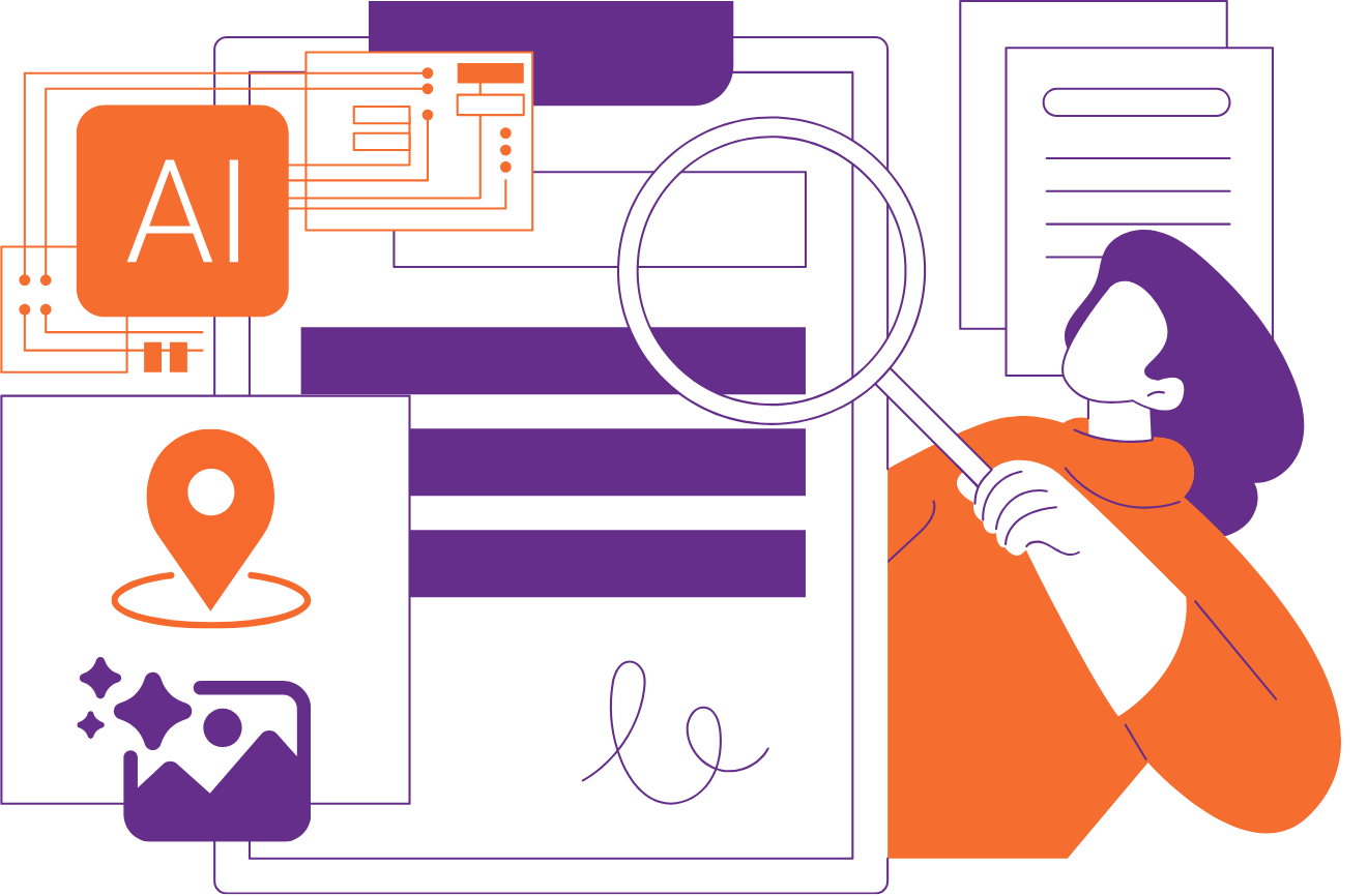 Illustration of a person holding a magnifying glass over documents, with AI, location, and image icons, representing analysis or review using artificial intelligence.