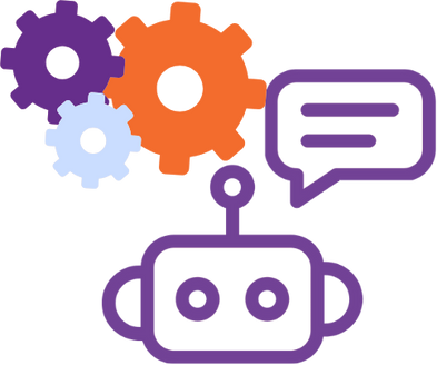 Illustration of a robot head with a speech bubble, and three interlocking gears in the background.
