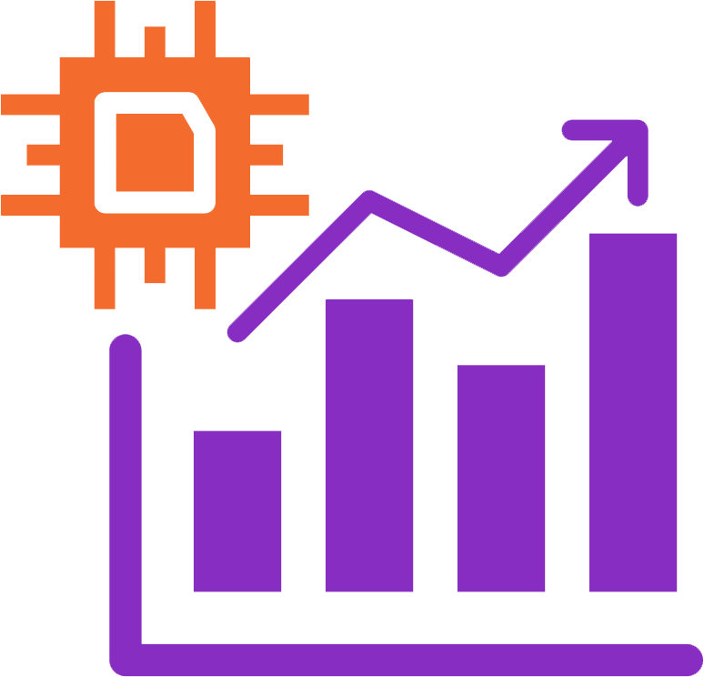 An orange microchip icon and a purple bar chart with an upward arrow, representing technological or microchip industry growth.