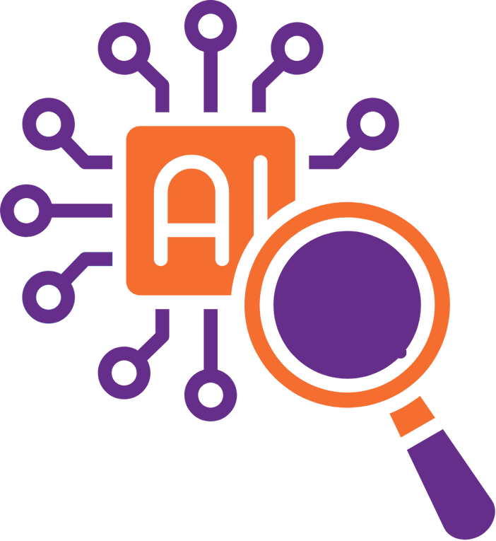 Illustration of a magnifying glass examining a microchip labeled "AI," with circuit lines radiating outward, symbolizing artificial intelligence analysis or research.