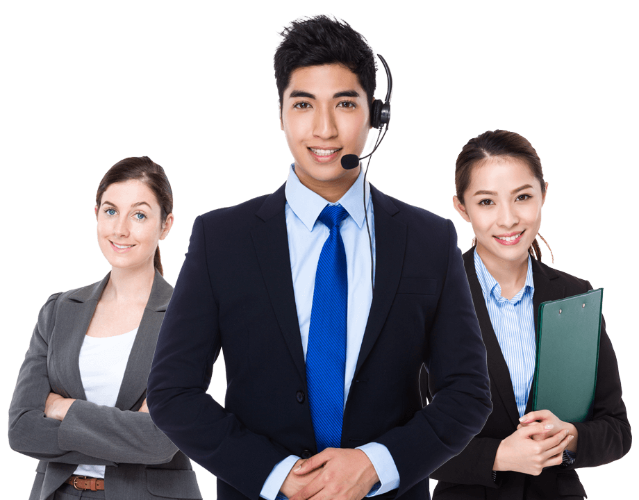 Three business professionals in suits, one wearing a headset, stand together against a white background; one holds a clipboard, another has arms crossed.