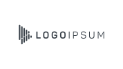 A geometric triangular logo formed by vertical lines is followed by the text "LOGO IPSUM" in a modern sans-serif font on a light gray background.