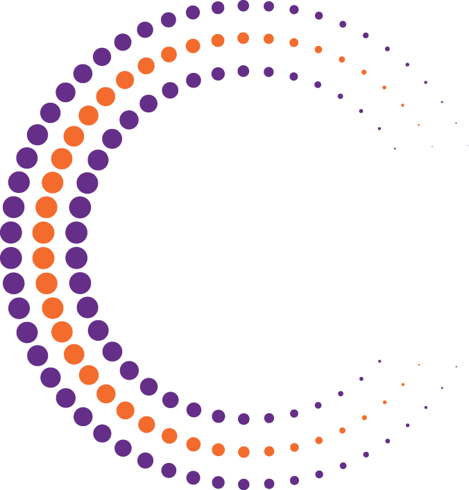 A series of orange and purple dots arranged in two curved, concentric arcs on a light gray background, resembling a dynamic content widget.