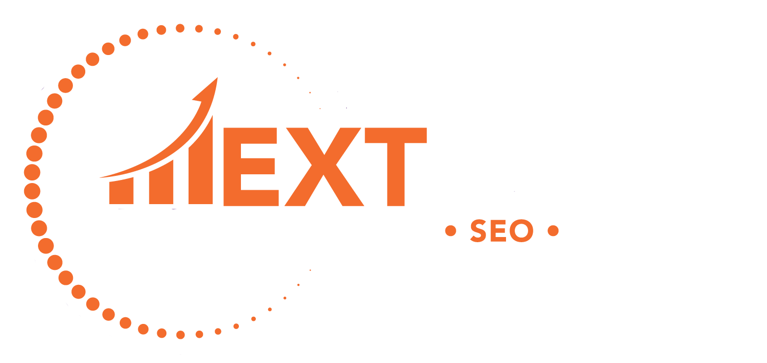 Logo for "Next Level" featuring an upward arrow and circular dotted design, created by Inovazia, with text for web design, SEO, and marketing in orange and white—ideal for a bold website footer.