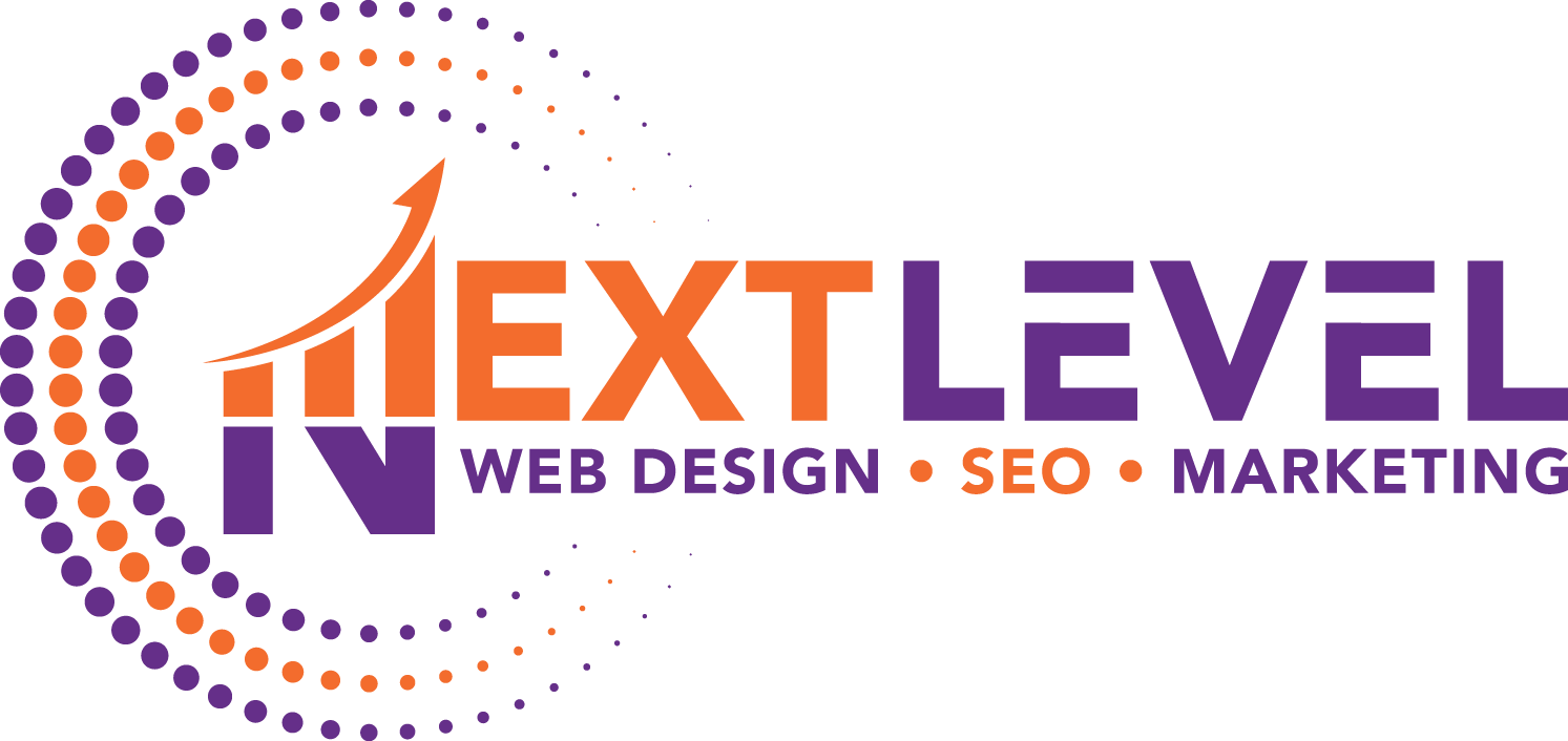 Header logo for Next Level Web Design, SEO, and Marketing by Inovazia, featuring purple and orange text with an upward arrow and a circular dotted pattern on the left.